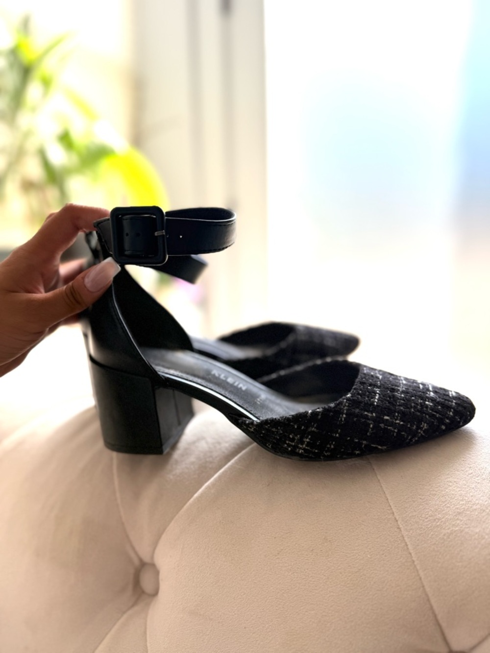 Pointed Toe Tweed Ankle Strap Block Heel Pumps - Black (Anne Klein iFlex)